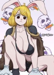 1girls areola_slip areolae beast_pirates beast_pirates_(cosplay) bikini_top blonde_hair breasts bunny_girl cape carrot_(one_piece) cleavage eyelashes female female_only furry gloves highres huge_breasts kameseru long_hair looking_at_viewer medium_hair one_piece red_eyes shorts shoulder_pads solo squatting tail white_fur