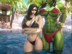 3d abigale_rowe aroused beach black_bikini blood_elf eyepatch female futa_on_female futanari green_skin grokasha_ironfang human human_(warcraft) human_female light-skinned_female light_skin orc orc_(warcraft) orc_futanari red_bikini world_of_warcraft zentaeron