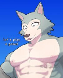 abs anthro barely_visible_penis beastars big_pecs blue_background comic_sans dialogue diko_artz furry furry_only gay imminent_sex legoshi_(beastars) looking_down male male_focus male_only muscular muscular_anthro muscular_furry muscular_male naked naked_male nipples nude nude_male offscreen_penis pecs shaded simple_background solo solo_focus talking talking_to_viewer text wolf yaoi