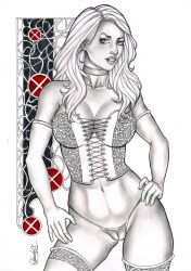 big_breasts black_and_white breasts cameltoe corset curvy curvy_figure earrings elberty_(artist) emma_frost female female_only hellfire_club hourglass_figure marvel marvel_comics panties traditional_art traditional_media_(artwork) white_queen x-men