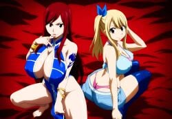 2girls ai_generated bed bikini blonde_hair breasts curtains dress erza_scarlet fairy_tail female from_above huge_breasts lucy_heartfilia mullon novelai red_hair shorts stage thighhighs thong top_heavy