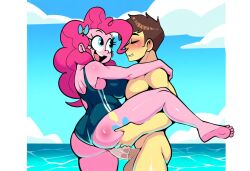 ai_generated equestria_girls grabbing_ass holding_leg my_little_pony pinkie_pie_(eg) pinkie_pie_(mlp) sandals standing standing_on_one_leg standing_sex swimsuit