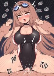 1boy 1girls breasts brown_eyes brown_hair choker female goddess_of_victory:_nikke hips huge_breasts huge_cock long_hair male penis rapi_(nikke) sex stomach_bulge stomach_deformation vaginal_penetration whomperfruit wide_hips