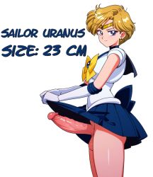 1futa ai_generated balls bishoujo_senshi_sailor_moon blonde_hair blue_eyes clothed clothing dickgirl english_text erect_penis erection futa_only futanari haruka_tenou intersex kame_g large_penis long_penis penis sailor_uranus scrotum short_hair skirt small_breasts solo_futa testicles text uncensored veiny_penis