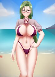 1girls beach bikini blue_sky bow breasts cleavage glasses gluteal_fold green_hair hand_on_own_hip hanyuu_mizuki huge_breasts large_breasts long_hair looking_at_viewer navel outdoors ponytail purple_bikini purple_eyes red-framed_eyewear sand shrug_(clothing) sky smile solo swimsuit thigh_gap vampire_(hentai_ova) vampire_(ova) water wide_hips