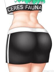 ass ass_focus ceres_fauna close-up clothes_writing coco_(taiggerrock) female from_behind green_hair highres hololive hololive_dance_practice_uniform hololive_english official_alternate_costume pantylines shirt shorts solo virtual_youtuber white_background