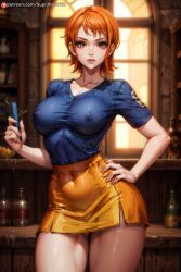 1girls ai_generated big_breasts breasts curvaceous curvy curvy_body curvy_female curvy_figure female female_only ginger hourglass_figure nami nami_(one_piece) nipples nipples_visible_through_clothing one_piece orange_eyes orange_hair pre-timeskip pre_timeskip see-through_clothing short_hair skirt small_waist supr3metr thighs