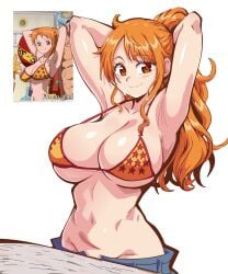 1girls anime_screencap arms_above_head arms_up belly_button big_breasts bikini bikini_top blush bocodamondo breasts brown_eyes busty cleavage curvy female female_only jeans lewdamone midriff nami navel one_piece orange_hair ponytail pose post-timeskip presenting punk_hazard redraw smile solo v-line voluptuous wide_hips