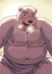 2024 anthro balls bear belly big_belly black_nose blue_eyes blush bodily_fluids fur genitals hi_res kemono male mammal maron2475 moobs navel nipples overweight overweight_male polar_bear shirane_kan solo sweat towel ursine utau white_body white_fur