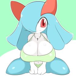 1girls anthro anthro_only anthrofied big_breasts blue_hair breasts cleavage clothed curvaceous huge_breasts kirlia large_breasts nintendo pokemon pokemon_(species) pokemon_rse red_eyes rui_(sugaru) shiny_pokemon shortstack solo sugaru