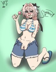 1girls astolfo_(fate) bad_anatomy barefoot bikini clitoris fate_(series) feet female genderswap_(mtf) no_panties pink_eyes pink_hair pussy rule_63 sandals small_breasts smile vamp666s