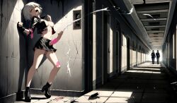 abandoned_building ai_generated anime_style cumshot futanari high_heels leather_jacket