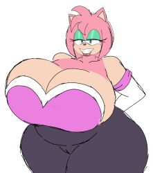 amy_rose amy_the_bat big_breasts bodysuit busty cameltoe curvy_body momiji_(artist) neckline obese overweight pink_fur rouge_the_bat_(cosplay) seductive_eyes seductive_look seductive_smile sonic_(series) sonic_the_hedgehog_(series) spandex_suit thick_thighs