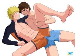 2boys abs big_pecs black_eyes blue_eyes brown_hair gay gay_sex hatsuki_art inuzuka_kiba male_only naked naruto naruto_(series) nipples pecs underwear uzumaki_naruto yaoi yellow_hair