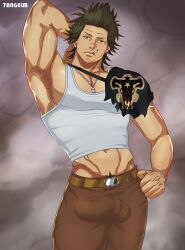 1boy 7angelm bara beard_stubble biceps big_bulge black_clover bulge clothing male male_only muscular_male pecs penis_outline solo solo_male tight_clothing yami_sukehiro