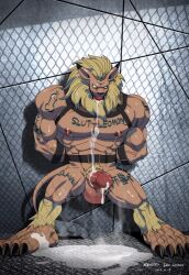 abs absurd_res anthro ball_gag balls bandai_namco belt biceps bodily_fluids body_writing bondage cum cum_pool digimon digimon_(species) drooling ear_piercing ear_ring erection felid foreskin gag gagged genital_fluids genital_piercing genitals hands_behind_back harness hi_res humanoid_genitalia humanoid_penis leaking_cum leomon lion male male_only mammal mind_break muscular nipple_piercing nipple_ring nipples pantherine pecs penis penis_piercing piercing prince_albert_piercing pubes retracted_foreskin ring_piercing roaringmoon saliva solo standing unconscious vein veiny_muscles