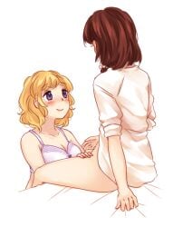 2girls bad_id bad_pixiv_id blonde_hair blush bottomless bra breasts brown_hair cleavage curly_hair imminent_oral imminent_sex looking_at_another looking_up maribel_hearn multiple_girls nekolina no_headwear on_bed shirt short_hair sitting smile touhou underwear usami_renko white_shirt yuri