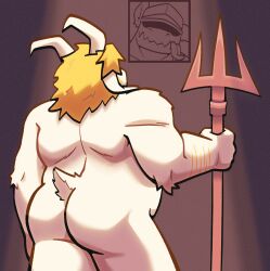 asgore_dreemurr ass belly big_butt blonde_hair bovid caprine fur goat goat_tail hair hi_res horn long_ears male male/male mammal melee_weapon monsterfurryr34 muscular muscular_arms polearm rear_view short_tail simple_background solo spear tail undertale undertale_(series) weapon white_body white_fur