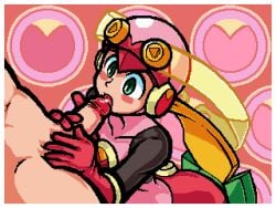 1boy 1girls ass blush bodysuit helmet leotard licking_penis mega_man mega_man_battle_network penis pixel_art roll.exe thegaboefects