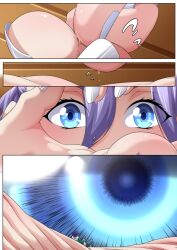 blue_eyes eyes_open giant_eyes giantess gigantic_breasts goddess looking_at_partner macro_female micro_male shizeart standing_on_hands