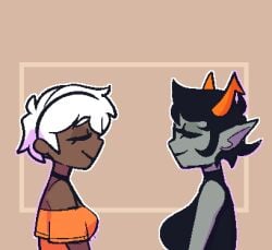 1futa 1futanari 2girls animated balls black_hair choker closed_eyes clothed clothed_female clothed_sex confused confused_expression confused_face confused_look confusion dark-skinned dark-skinned_female dark-skinned_futanari dark_skin duo_focus female female_focus futanari grey_body grey_skin homestuck horn horns humanoid humanoid_penis jade_harley kanaya_maryam kissing kissing_penis ms_paint_adventures oral orange_horn penis pointed_ears pointy_ears portal prank precum precum_drip question_mark rose_lalonde short_hair teleport teleportation tricked tricked_into_oral unaware welwraith white_hair yellow_sclera