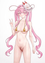 1girl absurdres alternate_hairstyle areola_slip bikini bikini_top_only blush bottomless breasts colored_pubic_hair commentary cowboy_shot expressionless female_pubic_hair fox_mask gold_bikini hair_intakes hata_no_kokoro highres large_variant_set long_hair looking_at_viewer mask mask_on_head medium_breasts navel ni_(221) open_mouth pink_eyes pink_hair pink_pubic_hair pubic_hair pussy sidelocks simple_background solo swimsuit touhou twintails uncensored untranslatable_commentary v variant_set very_long_hair white_background