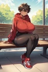 ai_generated big_breasts black dark-skinned_female hair_ornament hoodie huge_breasts leggings looking_at_viewer original_character sitting_on_bench tomboy