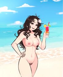 1girls beach beach_background breasts brown_hair cocktail color drink drinking_straw female flower_in_hair hexia_(miaormoa) jpeg lemon lemon_slice messy_hair miaormoa(artist) naked nude open_mouth original pubic_hair sand smile solo