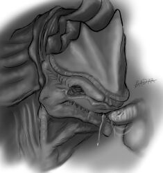 alien anthro anthroraptor balls bioware bodily_fluids closed_eyes cum cum_in_mouth cum_inside disembodied_penis duo electronic_arts fellatio gay genital_fluids genitals krogan male male/male male_only mass_effect oral penile penis sex vein veiny_penis