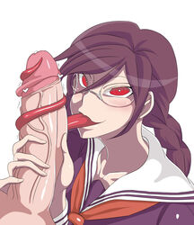 1girls big_penis danganronpa danganronpa_1 faceless_male fellatio female_focus fukawa_touko genocider_shou handjob huge_cock looking_at_viewer oekakukomi penis precum red_eyes smooth_skin tongue tongue_wrap tonguejob