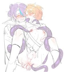 2boys biting_lip biting_own_lip blonde_hair cock_gobble fingering fingering_hole fingering_partner gay kamishiro_rui knight male/male male_only nipple_bulge nipple_play nipple_tweak project_sekai purple_hair sorcerer tenma_tsukasa tentacle tentacle_sex