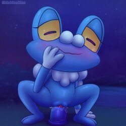 animated blubluumon blush bodily_fluids clitoris closed_eyes dildo dildo_in_pussy dildo_insertion dildo_sitting female feral froakie generation_6_pokemon genital_fluids genitals hand_behind_back mouth_closed nervous_smile nintendo orgasm penetration pokemon pokemon_(species) pussy raised_arm sex_toy sex_toy_in_pussy sex_toy_insertion solo spread_legs spreading vaginal_fluids vaginal_penetration vaginal_penetration