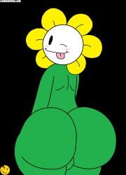 1boy 1male ;p ass_bigger_than_head back_view big_ass big_butt blush flora_fauna flowey_the_flower gay huge_ass male male_only naked naked_male no_shading petals plant_humanoid simple_background simple_coloring smile solo solo_male text tongue tongue_out undertale watermark woodsglue