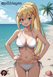 :d ai_generated bangs bare_arms bare_shoulders beach bikini blonde_hair blue_eyes blue_sky blush braid breasts cleavage cloud collarbone cowboy_shot darkness_(konosuba) day female front-tie_bikini_top front-tie_top hair_between_eyes hair_ornament halterneck hands_on_hips kono_subarashii_sekai_ni_shukufuku_wo! large_breasts long_hair looking_at_viewer navel ocean open_mouth outdoors pikkiwynn ponytail shell side-tie_bikini_bottom sidelocks sky smile solo stomach string_bikini swimsuit thighs tree water white_bikini x_hair_ornament