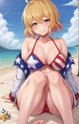 1girls ai_generated american_flag_bikini beach blonde_hair blush kanojo_okarishimasu kawaii_waifus nanami_mami ocean patreon pointy_chin preview smiling smiling_at_viewer swimsuit usa usa_bikini