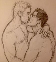 2boys back_muscles bara beard_stubble biceps black_and_white chest_hair closed_eyes colorless cuddling dark_hair dorian_pavus dragon_age dragon_age_inquisition facial_hair freckles garan_trevelyan gay gay_male hairy_chest holding_partner human human_only inquisitor_(dragon_age) kissing light_hair looking_pleasured mage male male/male male_only monochrome moustache muscles muscular muscular_male nipples pecs romantic shirtless shirtless_male sketch stubble tamvmat video_games yaoi