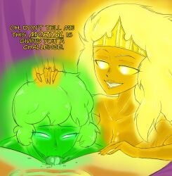 demeter goddess golden_crown greek_mythology green_body green_eyes green_hair green_skin guided_fellatio guiding_hand hand_on_head hera_(greek_mythology) hera_(osp) incest itzal overly_sarcastic_productions sisters yellow_body yellow_eyes yellow_hair yellow_skin