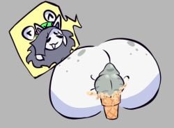 amphibian ass balls beanie big_butt bodily_fluids body_hair clothing cum food frog genital_fluids genitals hair hairy_balls hat headgear headwear humanoid ice_cream_cone long_hair male nervous nervous_smile nervous_sweat poundfulpanda solo tem undertale_(series) white_body