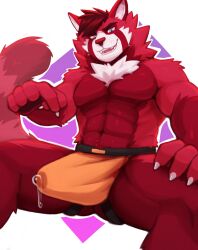 anthro barazoku bodily_fluids bulge clothed clothing digital_media_(artwork) erection fur genital_fluids hair hi_res jockstrap leaking_precum looking_at_viewer male mammal muscular muscular_anthro muscular_male nude precum smile solo tail underwear vitaly4321