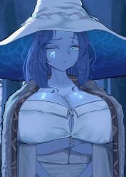 ass big_breasts blue_body blue_eyes blue_hair blue_skin breasts cleavage closed_mouth colored_skin crossed_arms doll_joints dress elden_ring female female_only folded_arms fromsoftware hat highres joints large_breasts large_hat long_hair looking_at_viewer looking_back multi_arm multi_limb night night_sky panties preceptor_seluvis q1w2e3r4 ranni_the_witch sideboob sky solo standing thong underwear white_dress white_panties witch_hat