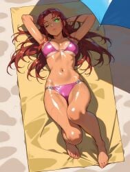 2003 2004 2005 2006 2025 ai_generated beach beach_towel blue_umbrella body_wet dc_comics deviantart green_eyes lying_on_towel meta purple_bikini red_hair sand starfire starfire_(teen_titans) teen_titans tzatzisan wet wet_body