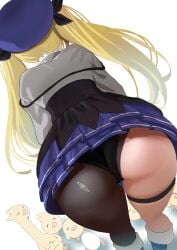 ass ass_focus bent_over bird black_panties black_pantyhose blonde_hair blue_hat close-up commentary dokibird dokibird_(vtuber) dragoon_(dokibird) english_commentary fan_mascot_(vtuber) female from_behind grey_jacket hat highres huge_ass indie_virtual_youtuber jacket lace lace-trimmed_panties lace_trim long_hair miniskirt panties pantyhose pantyshot redi_(rasec_asdjh) simple_background single_leg_pantyhose skirt solo thigh_strap twintails underwear upskirt virtual_youtuber white_background