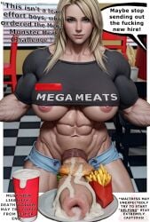 ai_assisted ai_generated blonde_hair burger burger_fucking cum_in_container cum_in_cup cum_on_food cum_on_penis excessive_cum fast_food flaccid food food_penetration food_play foreskin futa_only futanari hdregrets huge_cock humanoid_penis jean_shorts large_breasts looking_at_viewer muscular muscular_futanari open_clothes open_shorts penis penis_on_table public public_exposure sheath short_shorts skin_tight solo_futa uncircumcised uncut underboob