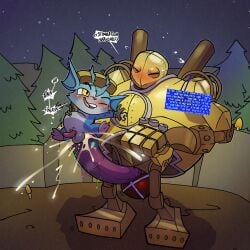 1:1 anal argon_vile balls big_penis blitzcrank_(lol) blue_body blue_fur clothing duo erection extreme_size_difference fur genitals gloves hand_on_head handwear hi_res huge_cock league_of_legends long_penis machine male male/male male_penetrated male_penetrating male_penetrating_male metallic_body night nude outside penetration penis riot_games robot rumble_(lol) sex size_difference sky smug star starry_sky stomach_bulge tencent tools wrench yellow_body yellow_eyes yordle
