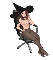 1girls breasts brown_hair color female hexia_(miaormoa) looking_at_viewer miaormoa(artist) oc office_chair on_the_phone see-through_stockings sitting solo talking thighhighs witch_hat