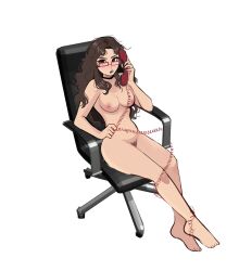 1girls breasts brown_hair chocker color female glasses hexia_(miaormoa) looking_at_viewer messy_hair miaormoa(artist) naked nude office_chair on_the_phone original sitting solo talking