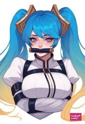 1girls ai_generated arms_bound bangs bdsm_outfit big_breasts bit_gag blue_eyes blue_hair bobartnsfw bondage bondage bondage_outfit gag gagged heart-shaped_pupils large_breasts league_of_legends league_of_legends:_wild_rift long_hair looking_at_viewer multicolored_hair restrained simple_background sona_buvelle stable_diffusion straitjacket symbol-shaped_pupils tied tied_up twintails upper_body watermark