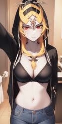 1girls ai_generated big_breasts black_bra breasts clothing female female_only happy long_hair midna nintendo pointy_chin public ruptuorie solo the_legend_of_zelda the_legend_of_zelda:_twilight_princess twili_midna twilight_princess