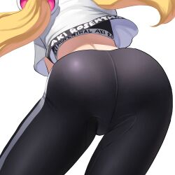 absurdres aki_rosenthal ass ass_focus blonde_hair character_name close-up commentary female highres hololive hololive_dance_practice_uniform jpeg khoaphan96 long_hair official_alternate_costume simple_background skin_tight solo symbol-only_commentary virtual_youtuber white_background