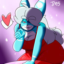 anthro bbw bedroom_eyes blowing_kiss blue_body breasts buckteeth bunny chubby cleavage digital_drawing_(artwork) digital_media_(artwork) dress female female_only flirting flirting_with_viewer fur furry_only hand_on_table heart jakkmau5art long_hair looking_at_viewer pixels_bunni rabbit seductive seductive_smile slightly_chubby smile table thick white_hair wink winking_at_viewer